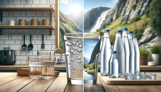 Leitungswasser und Mineralwasser in der Küche mit Berglandschaft im Hintergrund