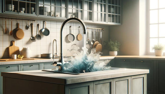 Wasserhahn der übersprudelt in moderner, heller Küche