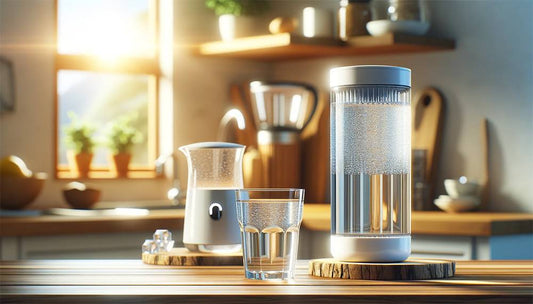 Wasserfilter und Glas auf dem Esstisch