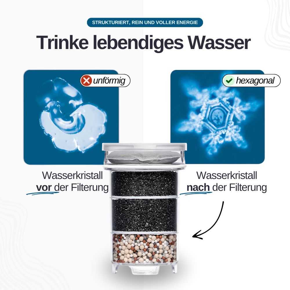 Wasserstruktur vor und nach der Filterung mit einer Lotus Vita Natura Plus Filterkartusche