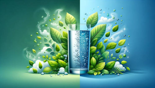 Wasserglas mit Pflanzen im Hintergrund und Grün/Blauen Farben