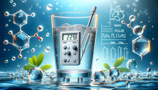 Wasserglas im Meer mit einem PPM/TDS Messgeräte für Trinkwasser