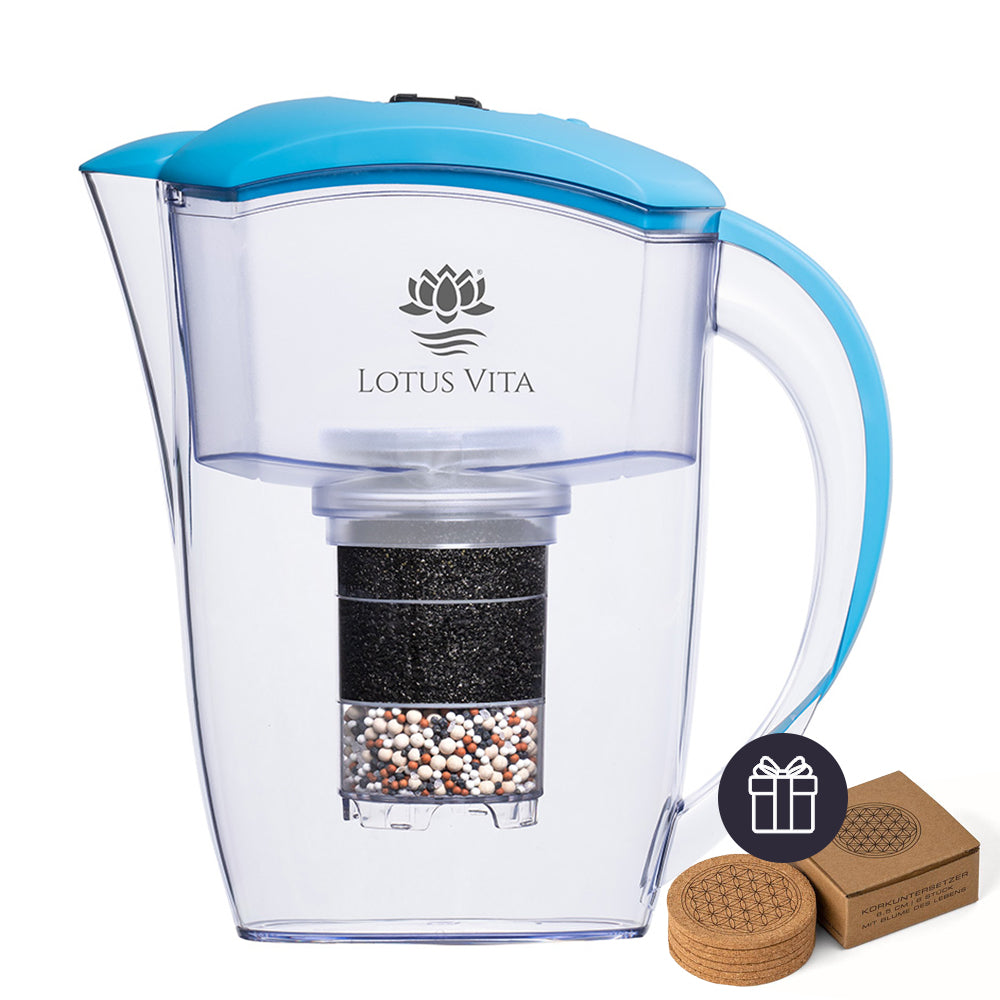 Lotus Vita Filterkanne Esprit Hellblau mit gratis 6er-Set Kork Untersetzer
