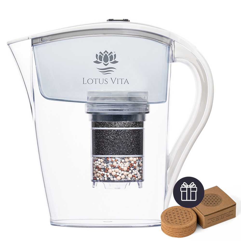 Lotus Vita Filterkanne Family Weiß mit gratis 6er Set Untersetzer