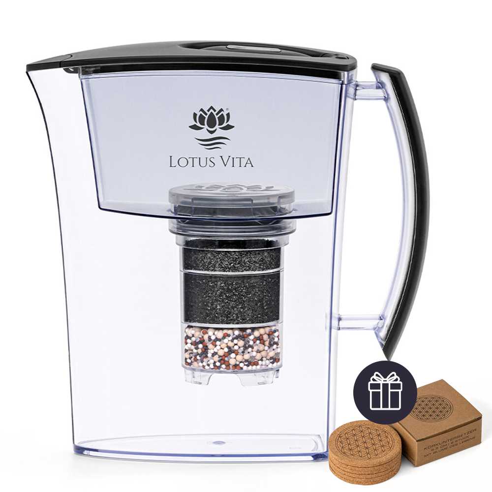 Lotus Vita Filterkanne Lotus Schwarz Matt mit gratis 6er Set Untersetzer
