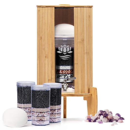 Lotus Vita Wasserspender mit Filter Fontana Kendra 9L Bambus Set mit Jahrespaket und Wassersteinen