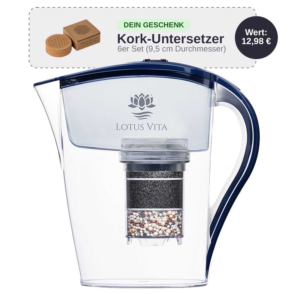 Lotus Vita Filterkanne Family Blau mit gratis 6er-Set Kork Untersetzer