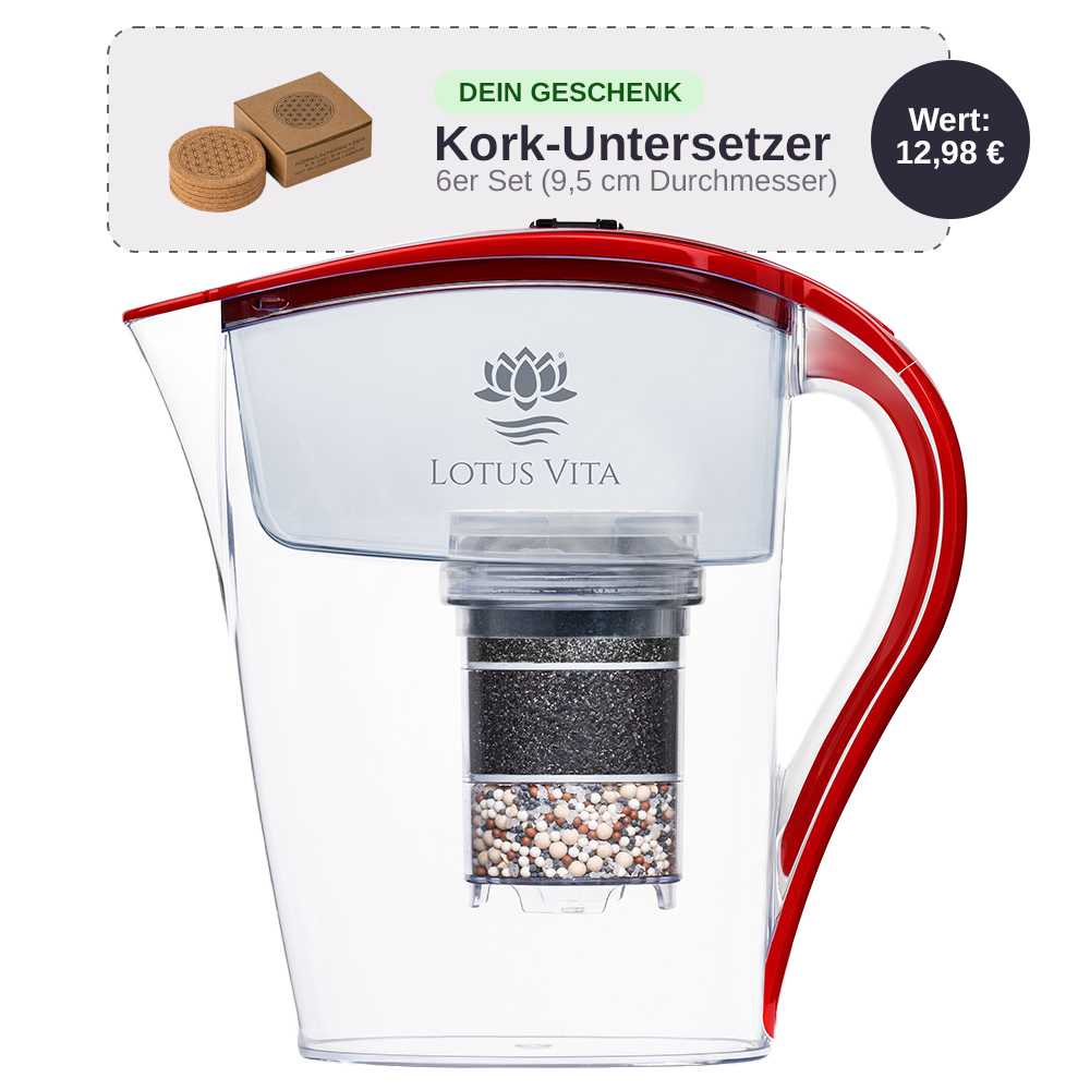 Lotus Vita Filterkanne Family Rot mit gratis 6er-Set Kork Untersetzer