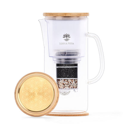 Lotus Vita Wasserfilter Glaskanne Enya mit Bambusdeckel 1,4L - Natura Plus Gold Edition