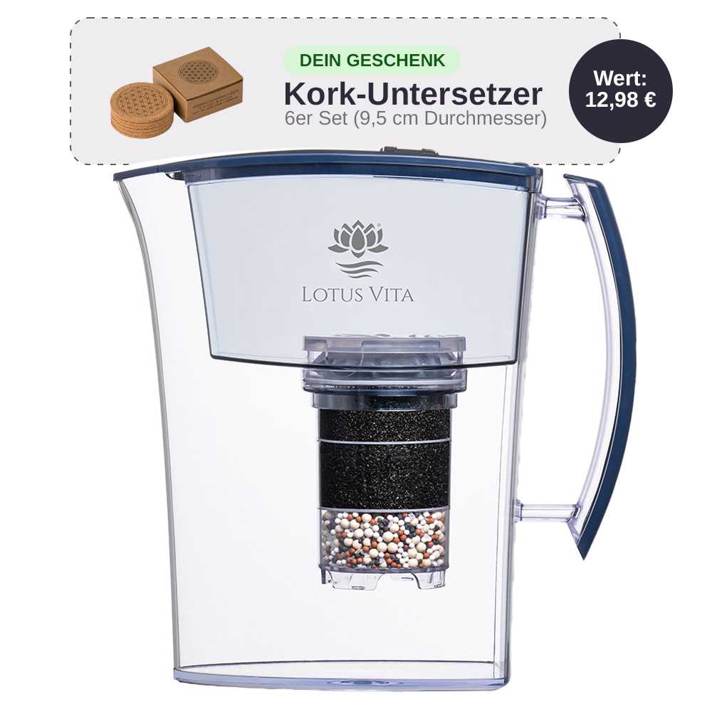 Lotus Vita Filterkanne Lotus Blau mit gratis 6er-Set Kork Untersetzer
