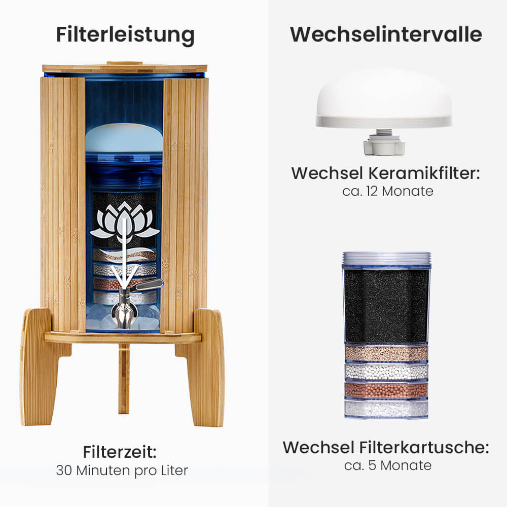 Wasserfilter Lotus Fontana Bambus Glas-Wasserspender 8L Blau wechselintervalle