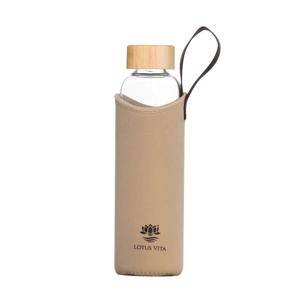 Lotus Vita Glas-Trinkflasche 820ml - Creme/Braun mit Hülle