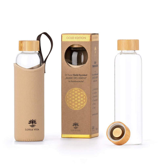 Lotus Vita Glas-Trinkflasche 580ml - Creme/Braun- Gold-Edition