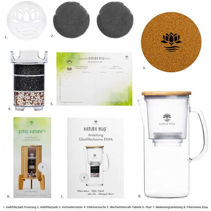 Lotus Vita Wasserfilter Glaskanne Enya mit Bambusdeckel 1,4L - Natura Plus Lieferumfang